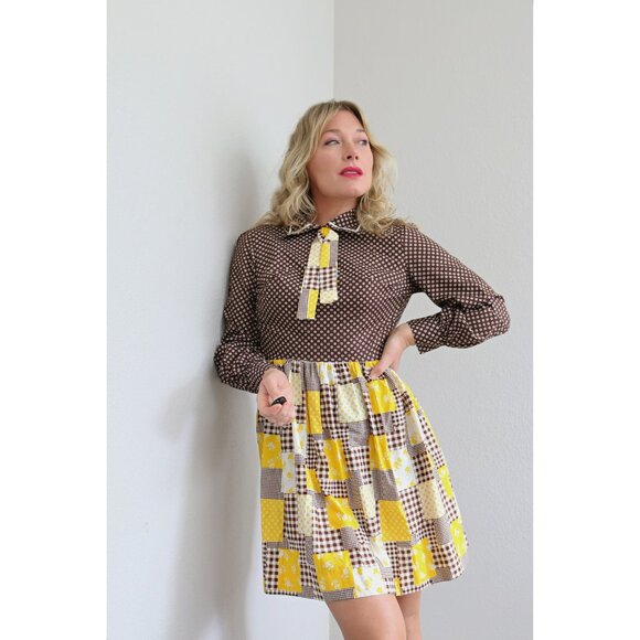 1970's Vintage Cocoa & Plaid Mini Dress Women's Double Extra Small XXS to XS 0 2 - Picture 5 of 10